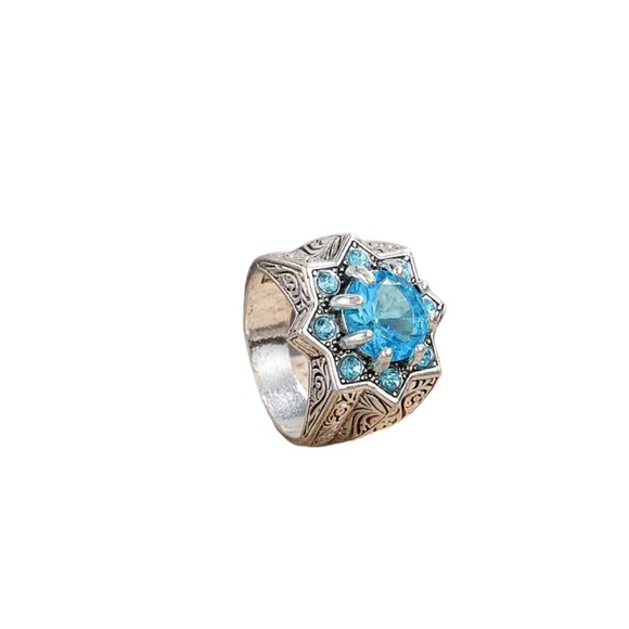 Turquoise Sapphire and Engraved Silver Ring - Picture 5 of 7